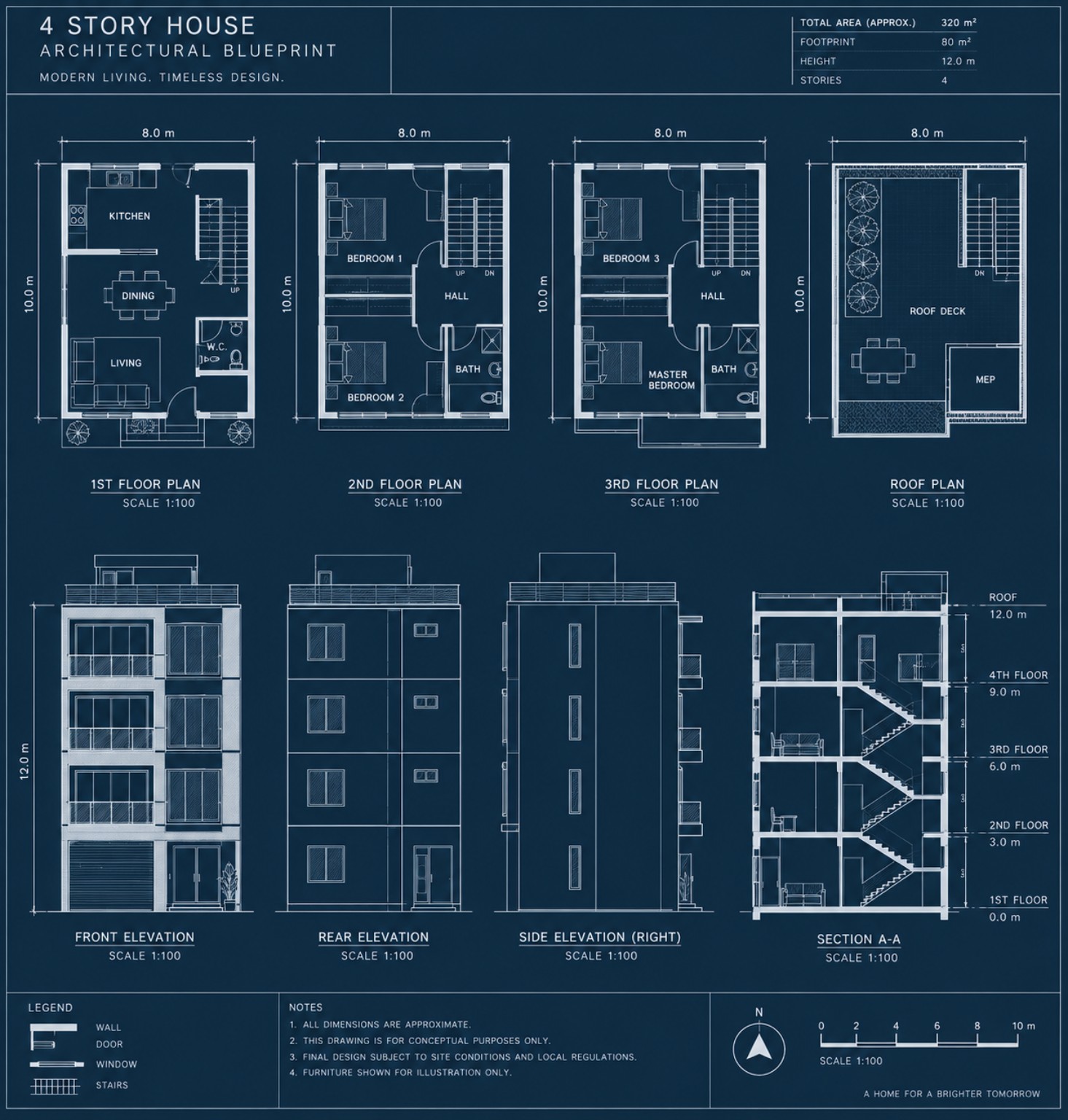 Architectural blueprint of a four-story house, with floor plans, elevations and a section.