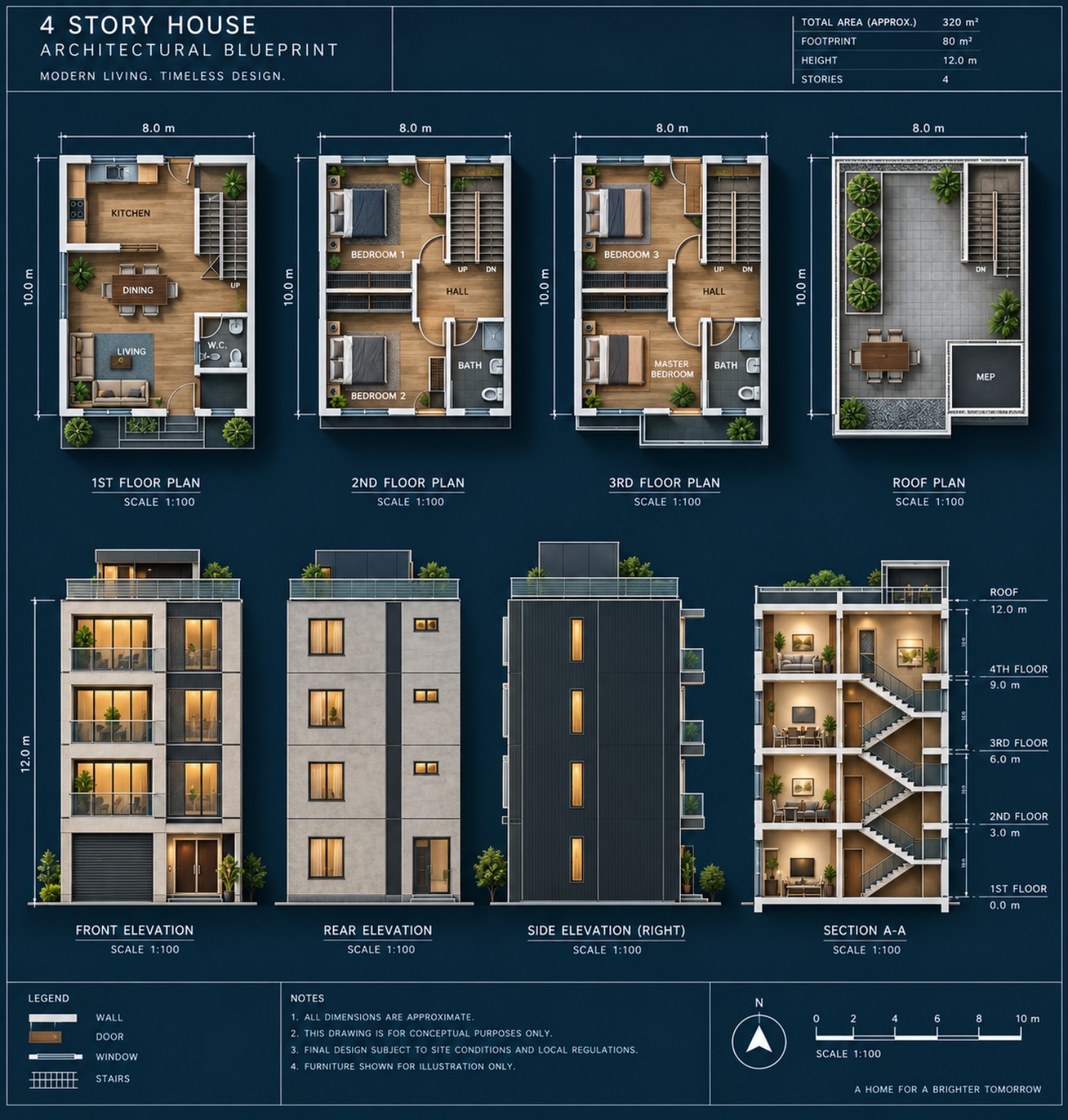 The same house concept rendered in color with interiors, materials and planting.